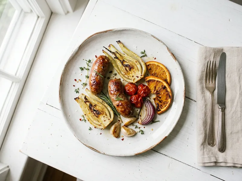 Italienisches Ofenblech mit Fenchel, Salsiccia und Orangen