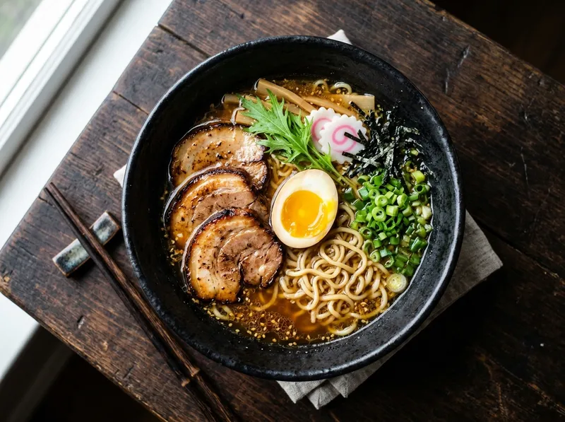 Japanische Comfort-Ramen mit Schweinebauch und weichem Ei