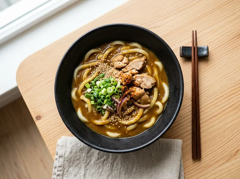 Japanische Curry-Udon mit zartem Hühnchen und Frühlingszwiebeln