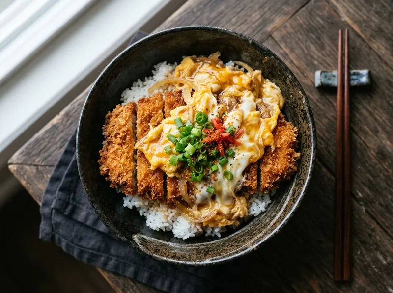 Japanische Katsudon-Bowl mit knusprigem Schnitzel und Ei