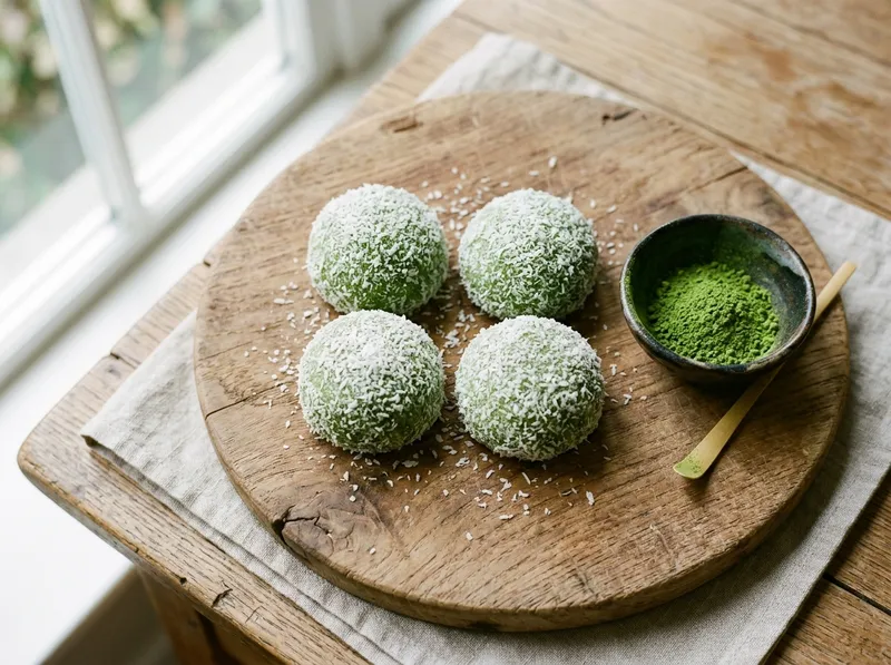 Japanische Matcha-Mochi-Küchlein mit Kokosfüllung