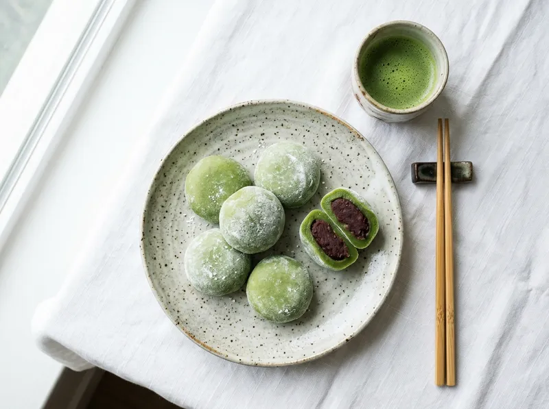 Japanische Matcha-Mochi mit Azuki-Bohnen-Füllung