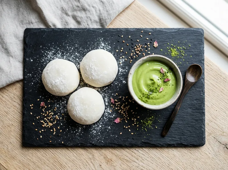 Japanische Mochi mit schwarzem Sesam und Matchacreme