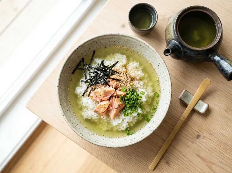Japanische Ochazuke-Frühstücksschale mit Lachs und Nori