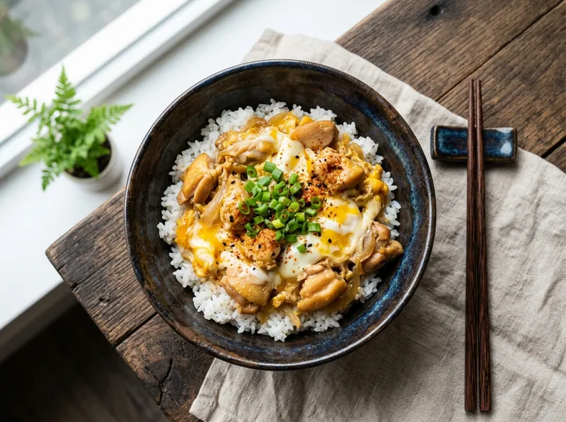 Japanische Oyakodon-Reisschale mit Huhn und Ei