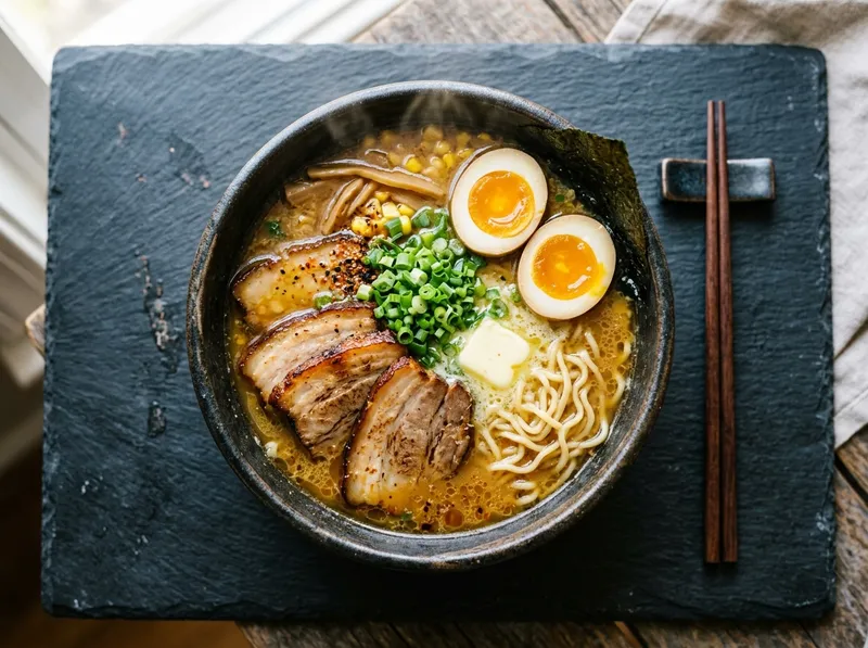 Japanische Ramen mit Miso-Butter und zartem Schweinebauch