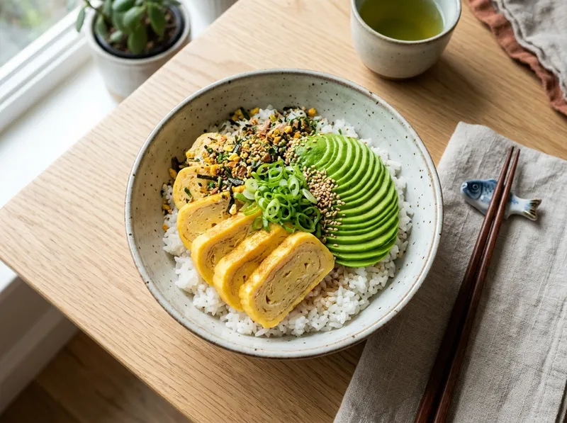 Japanische Tamago-Reis-Bowl mit Furikake und Avocado