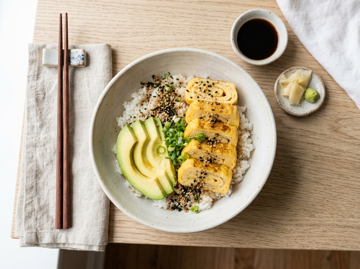 Japanische Tamagoyaki-Frühstücks-Bowl mit Avocado und Furikake