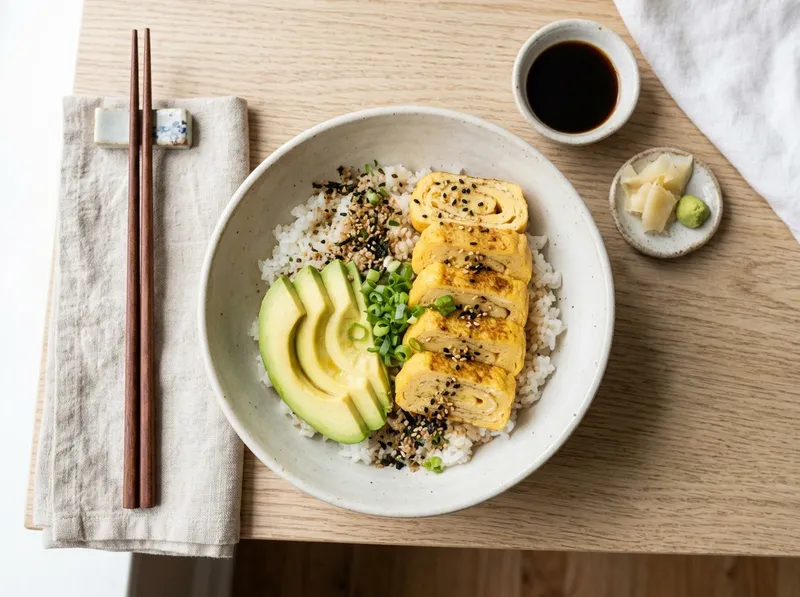 Japanische Tamagoyaki-Frühstücks-Bowl mit Avocado und Furikake