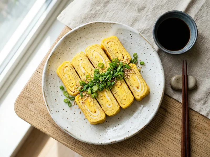 Japanische Tamagoyaki-Röllchen mit Frühlingszwiebeln und Sojadip