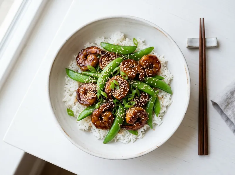Japanische Teriyaki-Garnelen mit Zuckerschoten und Sesam-Reis