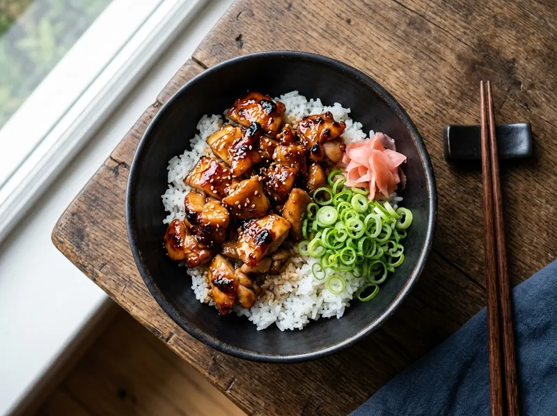 Japanische Teriyaki-Hähnchenkeule mit Reis und eingelegtem Ingwer