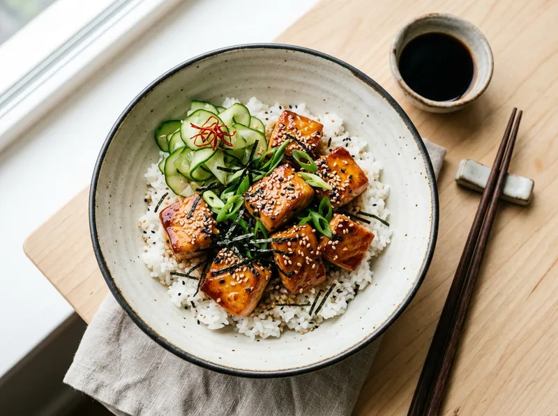 Japanische Teriyaki-Lachs-Donburi mit Ingwer-Gurke