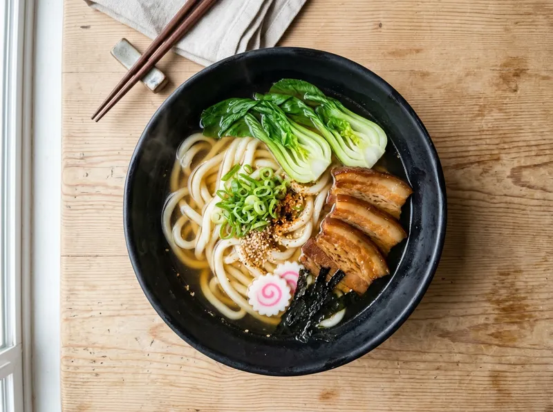 Japanische Udon-Nudelsuppe mit Dashi und zartem Schweinebauch