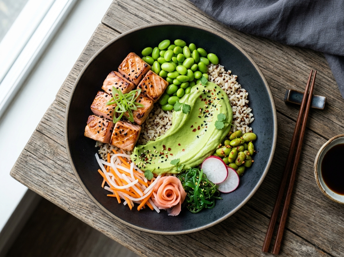Japanischer Edamame-Lachs-Bowl mit Wasabi-Avocado-Crema