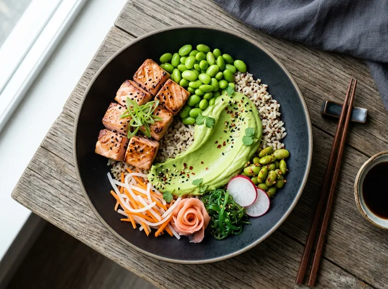 Japanischer Edamame-Lachs-Bowl mit Wasabi-Avocado-Crema