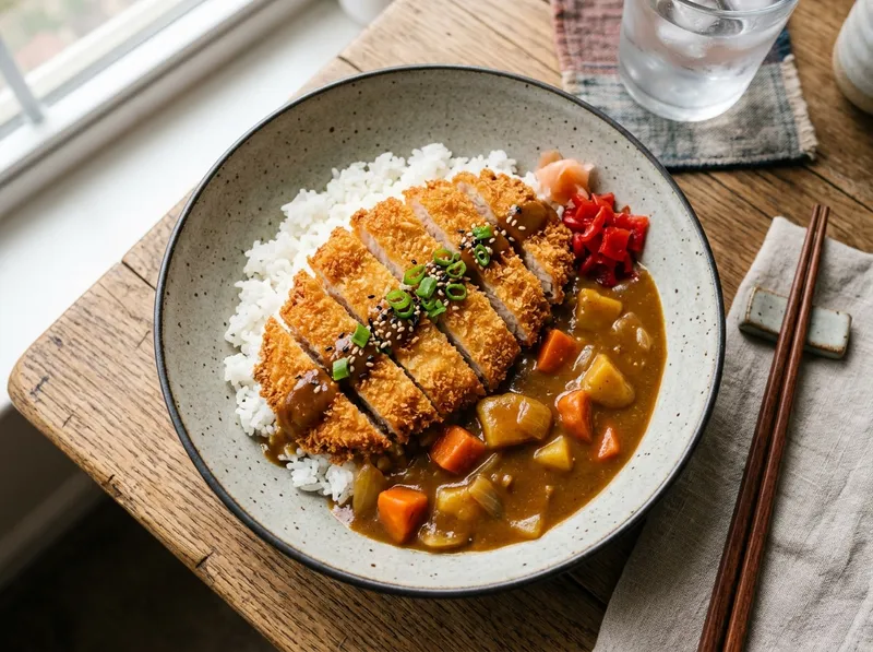 Japanischer Katsu-Curry-Reis-Bowl mit knusprigem Hähnchen