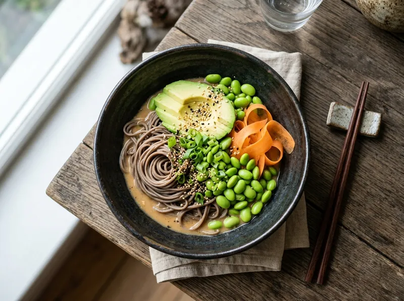 Japanischer Soba-Bowl mit Avocado und Yuzu-Miso-Dressing