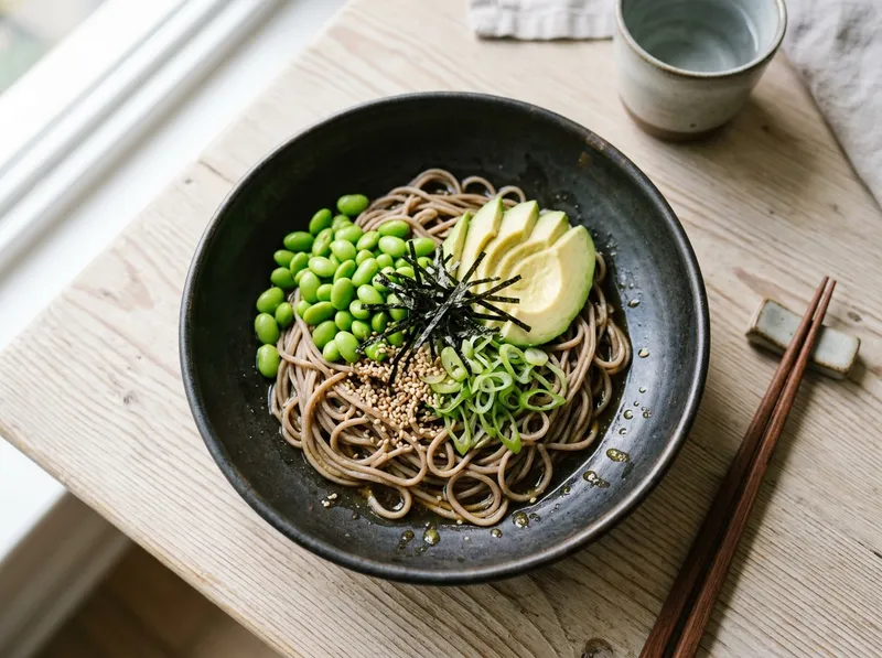 Japanischer Soba-Edamame-Bowl mit Wasabi-Avocado und Nori