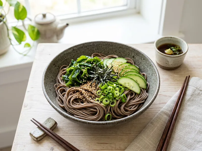 Japanischer Soba-Nudel-Bowl mit Wakame und Ingwer-Ponzu-Dressing