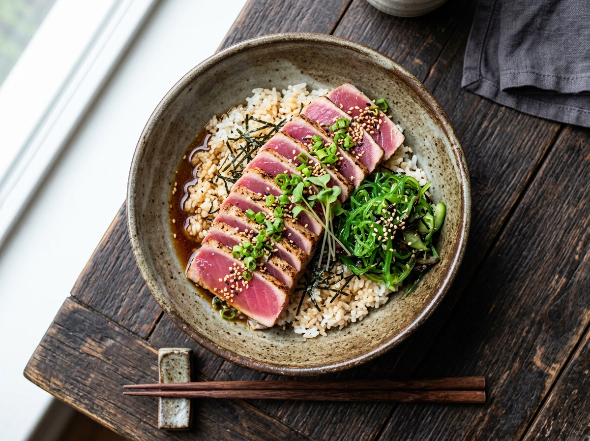 Japanischer Thunfisch-Tataki-Bowl mit Wakame und Ingwer-Ponzu