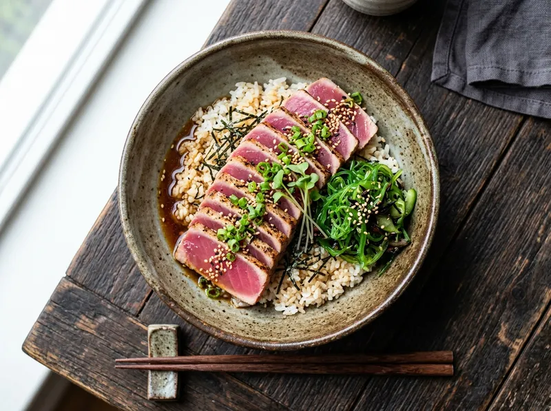 Japanischer Thunfisch-Tataki-Bowl mit Wakame und Ingwer-Ponzu