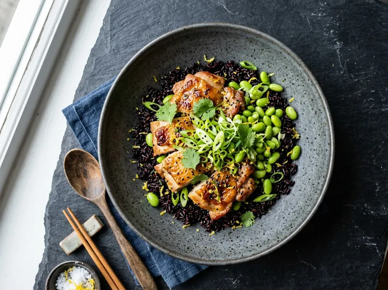 Japanischer Yuzu-Hähnchen-Bowl mit Schwarzem Reis und Edamame