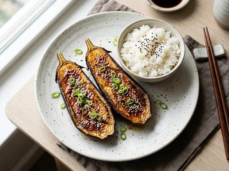 Japanisches Miso-Auberginen-Blech mit Sesam-Reis und Frühlingszwiebeln