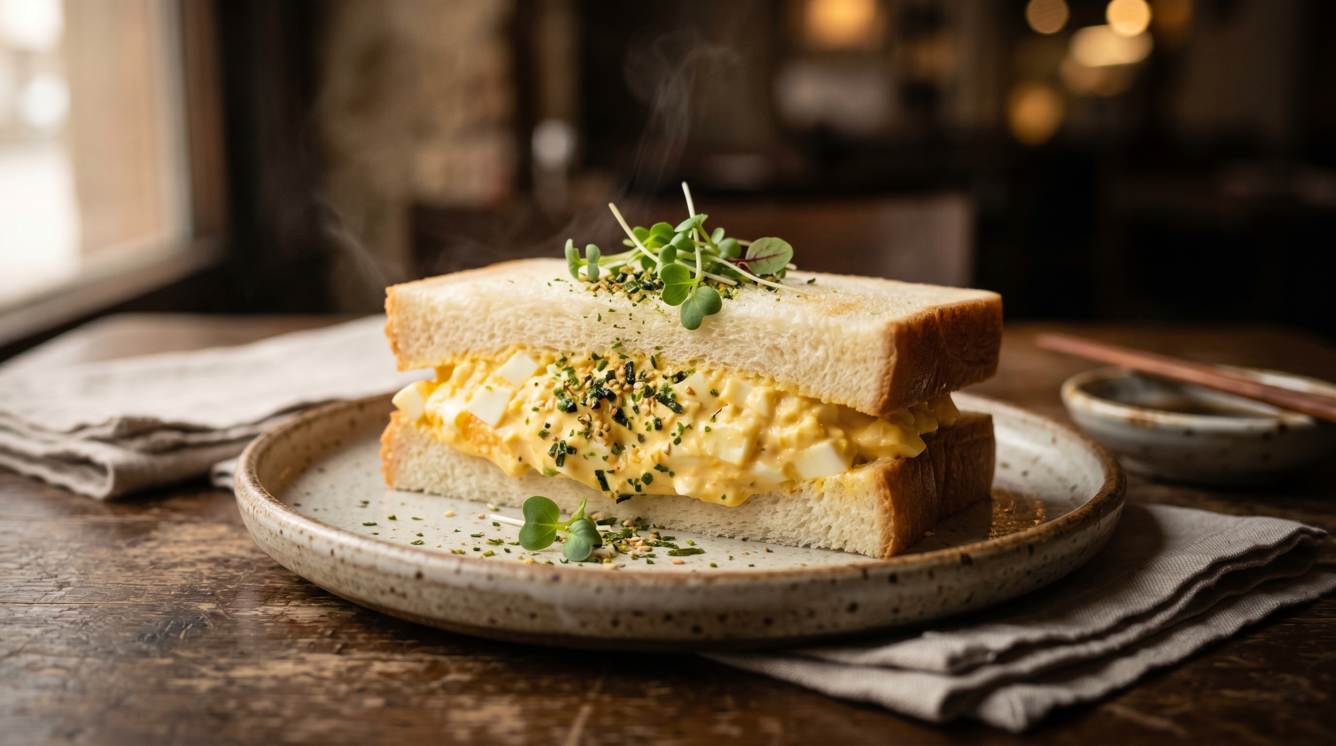 Japanisches Tamago-Sandwich mit Furikake und Kresse