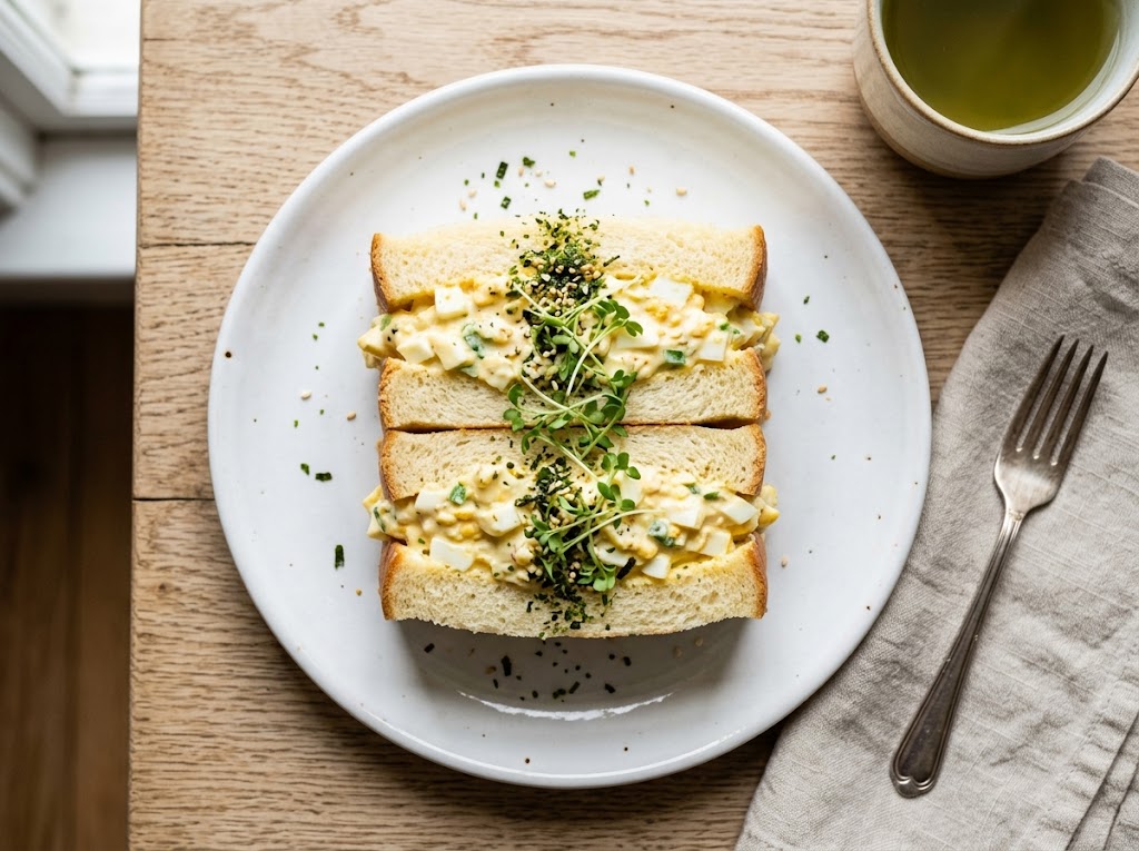 Japanisches Tamago-Sandwich mit Furikake und Kresse