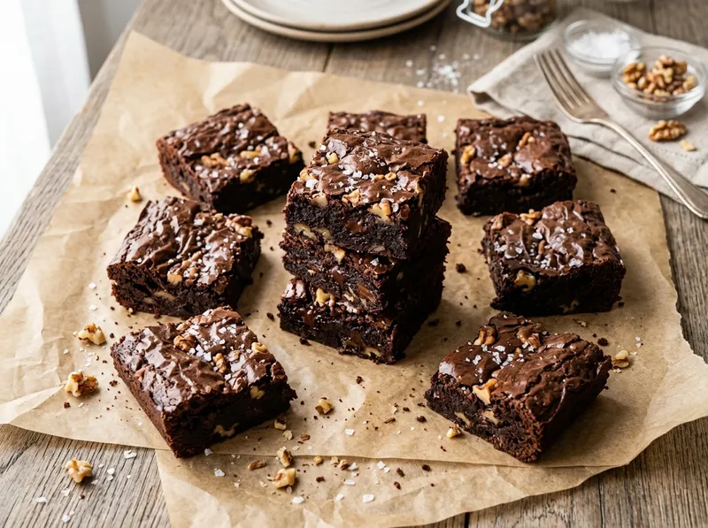 Klassischer Schokoladen-Brownie mit Walnüssen und Meersalz