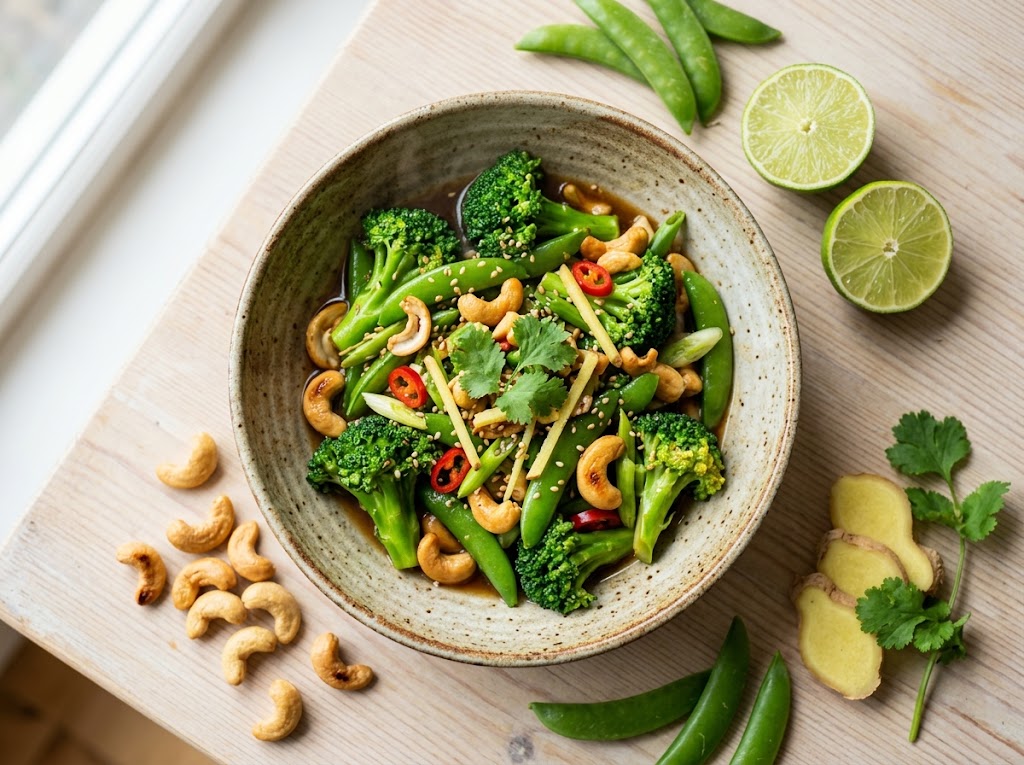 Knackiger Brokkoli-Cashew-Wok mit Ingwer und Limette