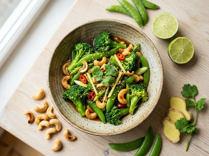 Knackiger Brokkoli-Cashew-Wok mit Ingwer und Limette