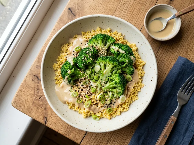 Knackiger Brokkoli-Hirse-Bowl mit Miso-Sesam-Dressing