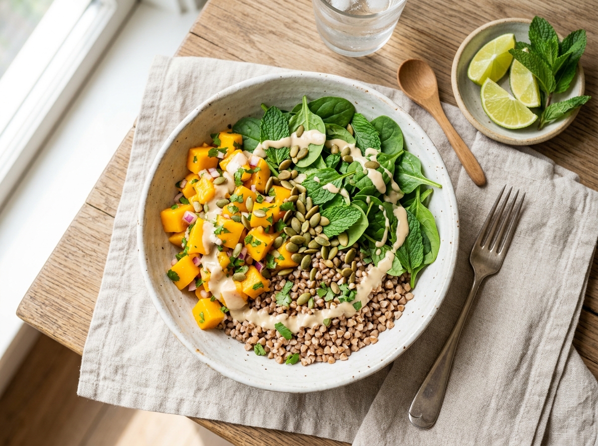 Knackiger Buchweizen-Bowl mit Mango-Minz-Salsa und Limetten-Tahini