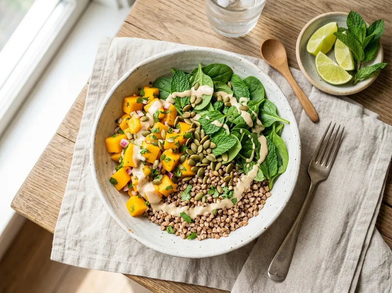 Knackiger Buchweizen-Bowl mit Mango-Minz-Salsa und Limetten-Tahini