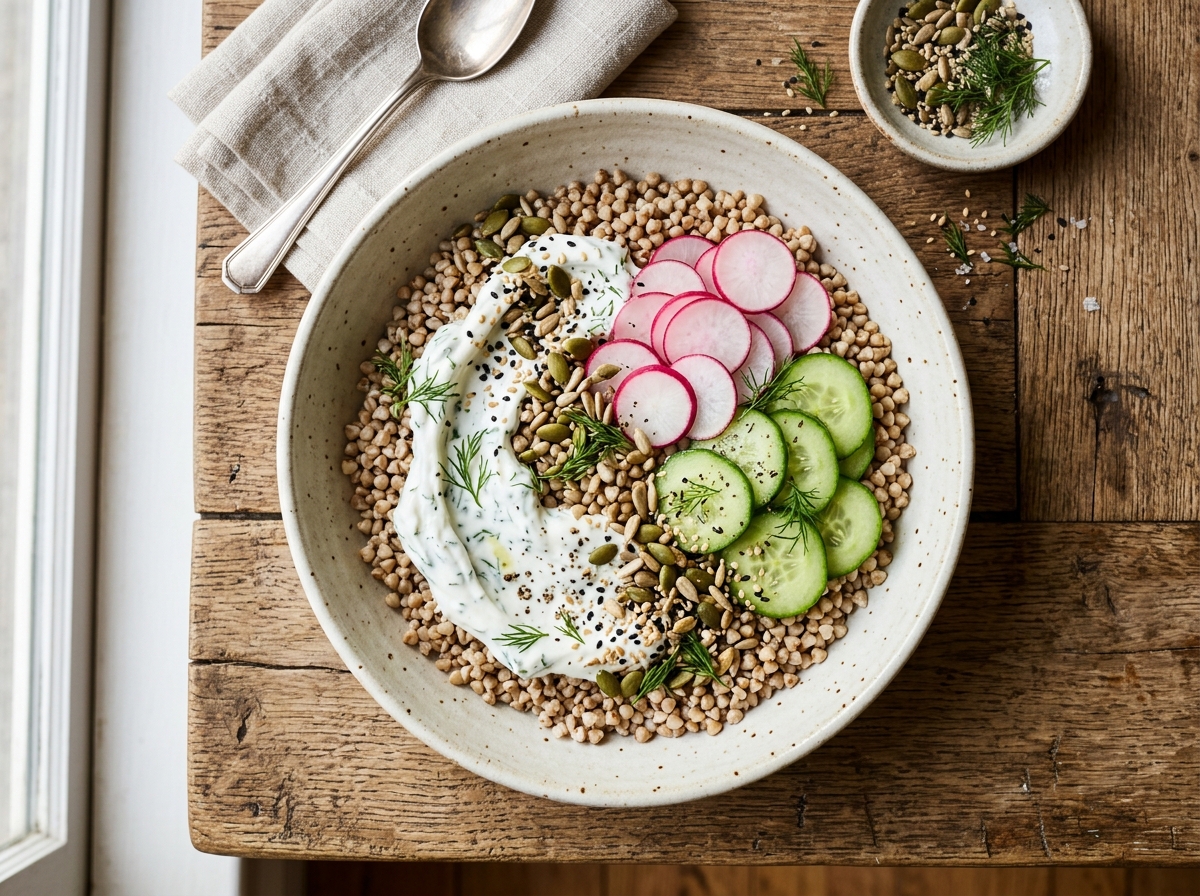 Knackiger Buchweizen-Bowl mit Radieschen und Dill-Zitronen-Joghurt