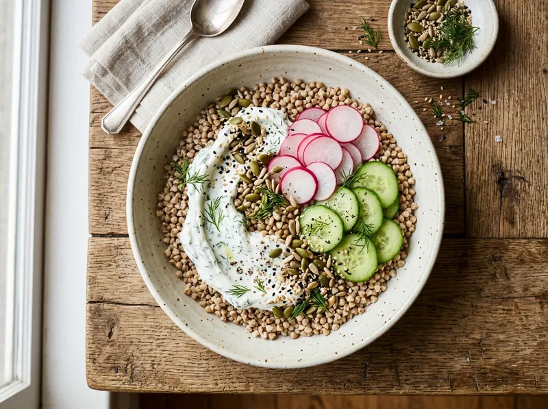 Knackiger Buchweizen-Bowl mit Radieschen und Dill-Zitronen-Joghurt