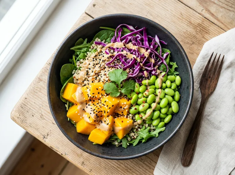 Knackiger Edamame-Mango-Bowl mit Wasabi-Sesam-Dressing