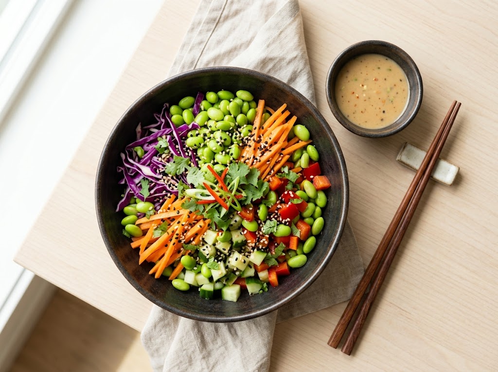 Knackiger Edamame-Salat mit Ingwer-Sesam-Dressing