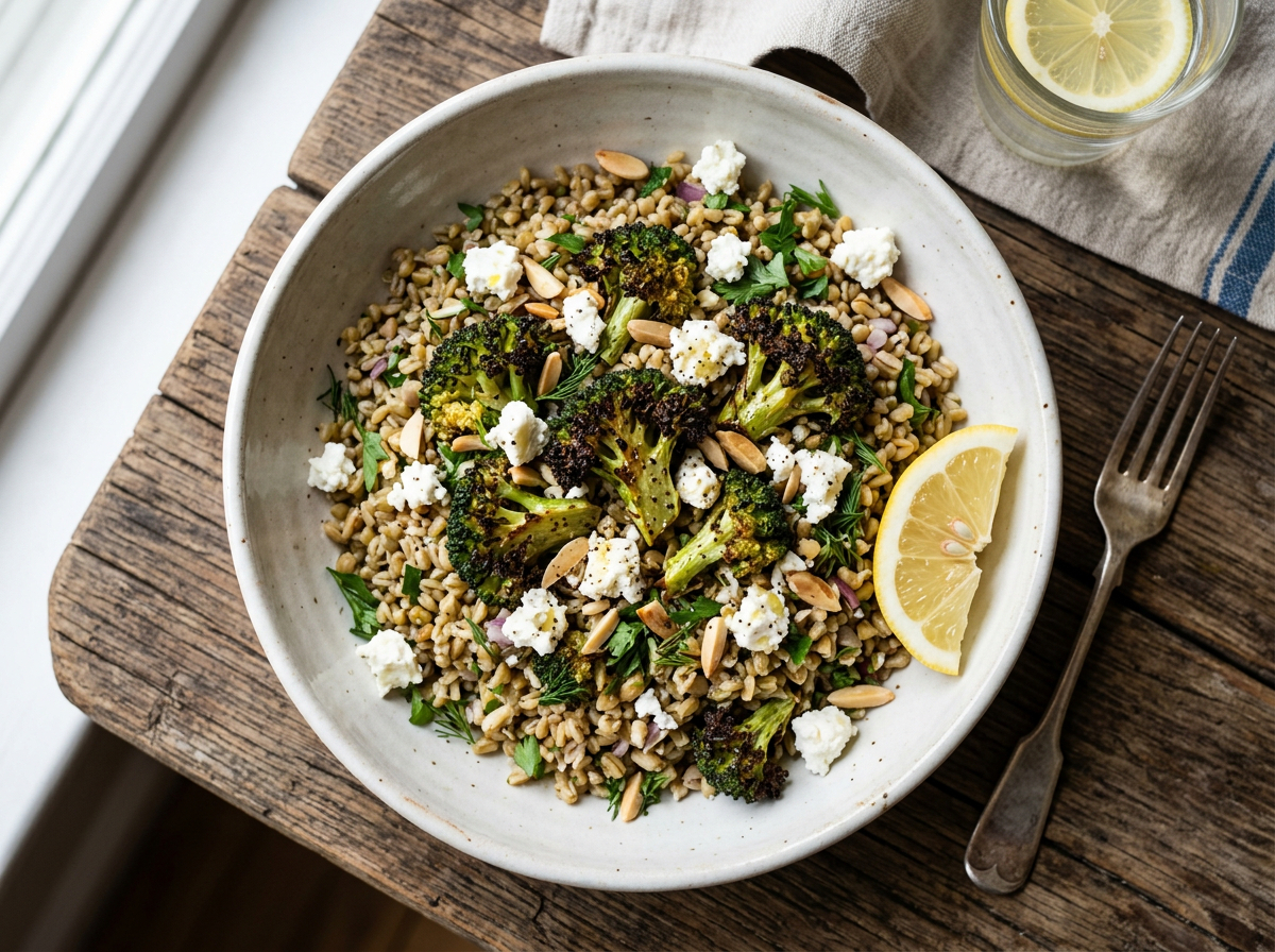 Knackiger Freekeh-Bowl mit geröstetem Brokkoli und Zitronen-Kräuter-Dressing