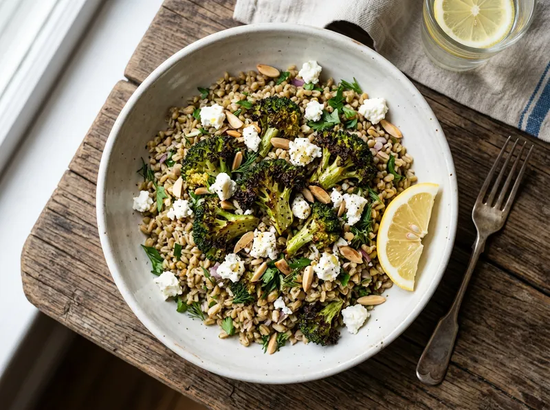 Knackiger Freekeh-Bowl mit geröstetem Brokkoli und Zitronen-Kräuter-Dressing