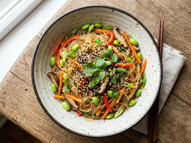 Knackiger Glasnudel-Edamame-Bowl mit Sesam-Ingwer-Dressing