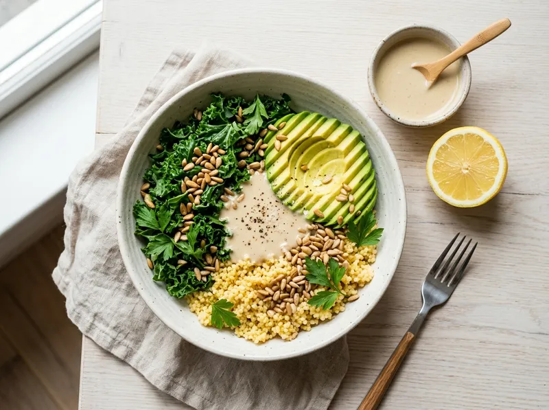 Knackiger Grünkohl-Hirse-Bowl mit Zitronen-Tahini und gerösteten Sonnenblumenkernen