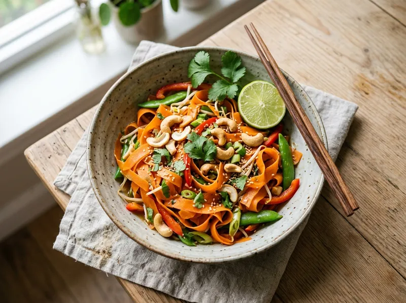 Knackiger Ingwer-Karotten-Wok mit Cashews und Koriander