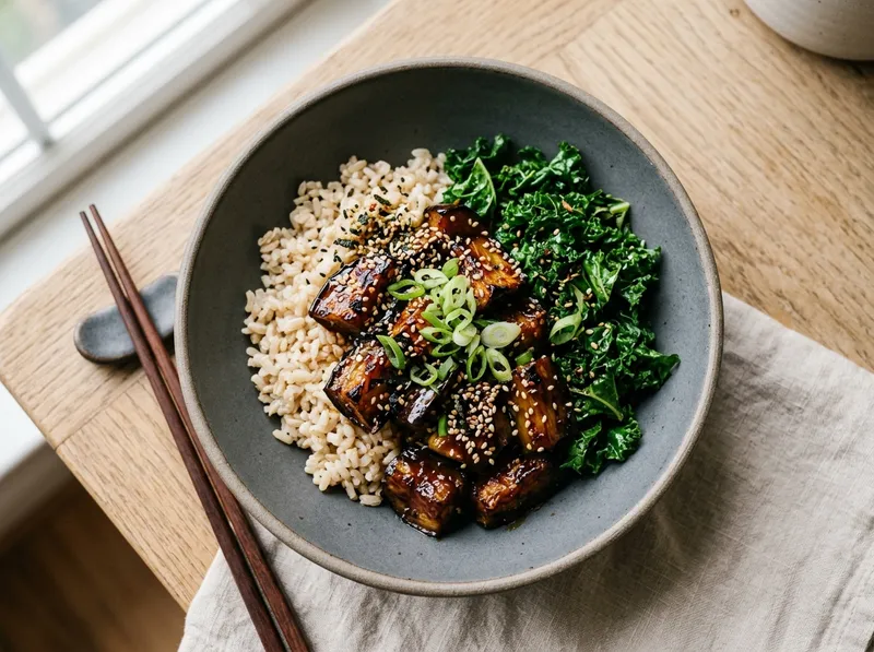 Knackiger Miso-Auberginen-Bowl mit Sesam-Grünkohl und braunem Reis