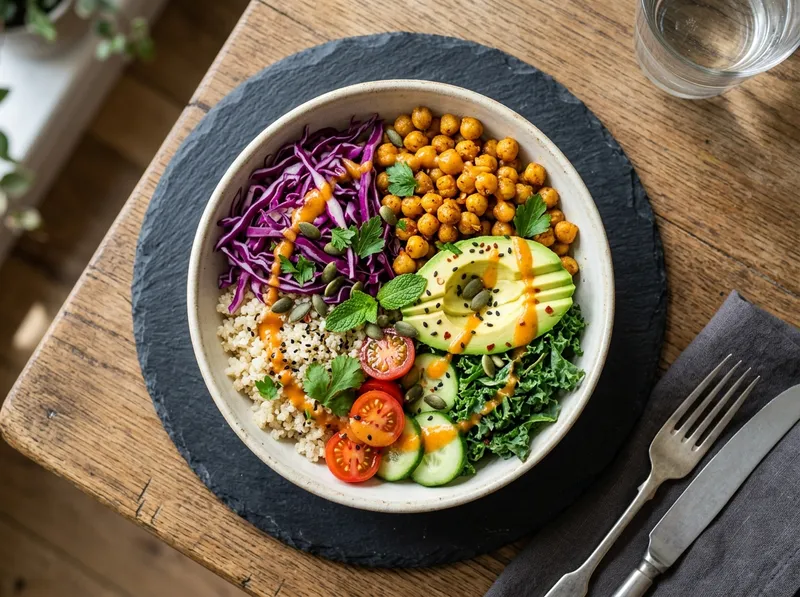 Knackiger Quinoa-Rotkohl-Bowl mit Zitrus-Ingwer-Dressing