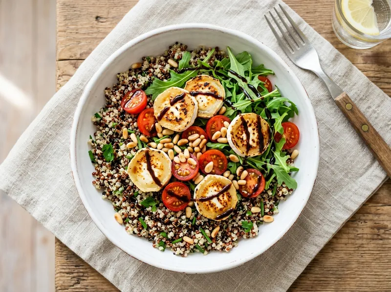 Knackiger Rucola-Quinoa-Bowl mit Gegrilltem Ziegenkäse und Honig-Balsamico
