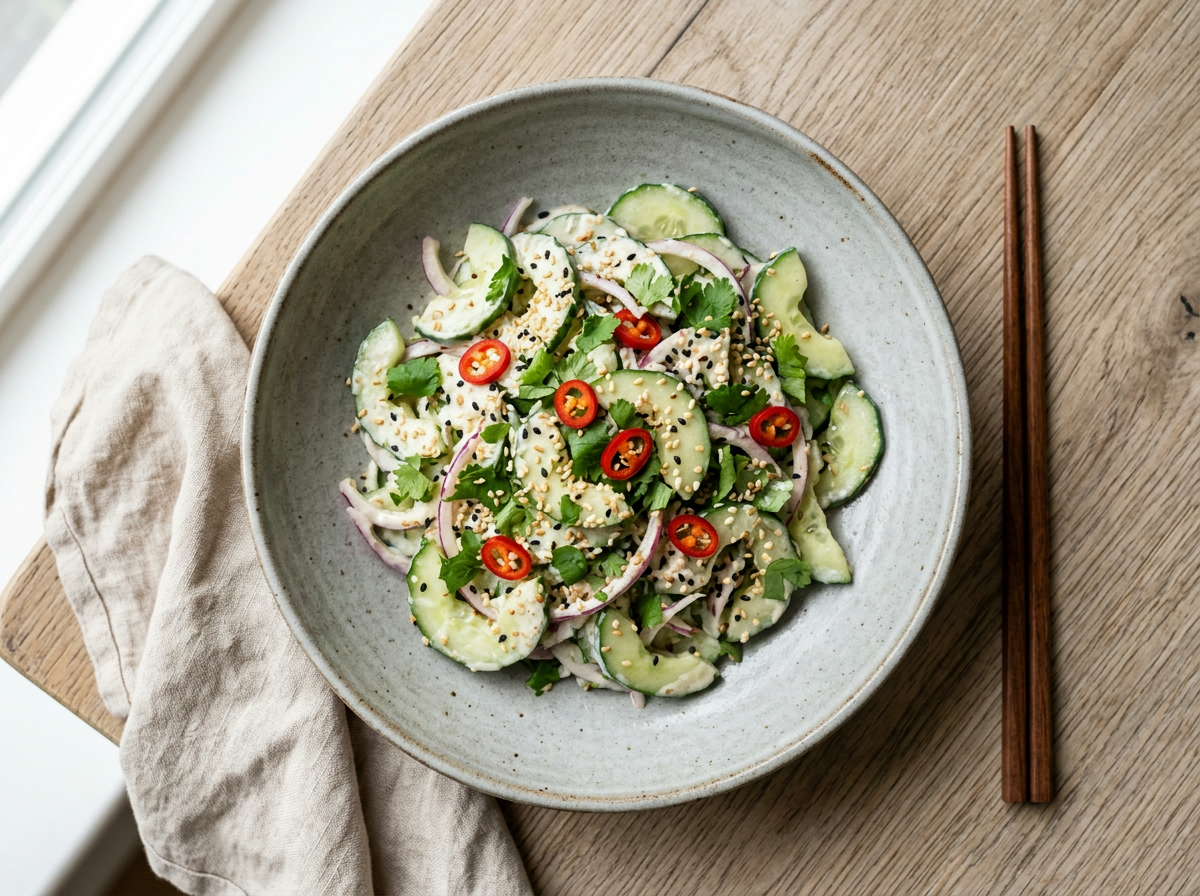 Knackiger Sesam-Gurken-Salat mit Miso-Tahini-Dressing