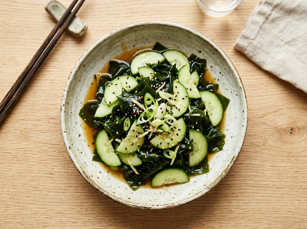 Knackiger Wakame-Gurken-Bowl mit Ingwer-Miso-Dressing